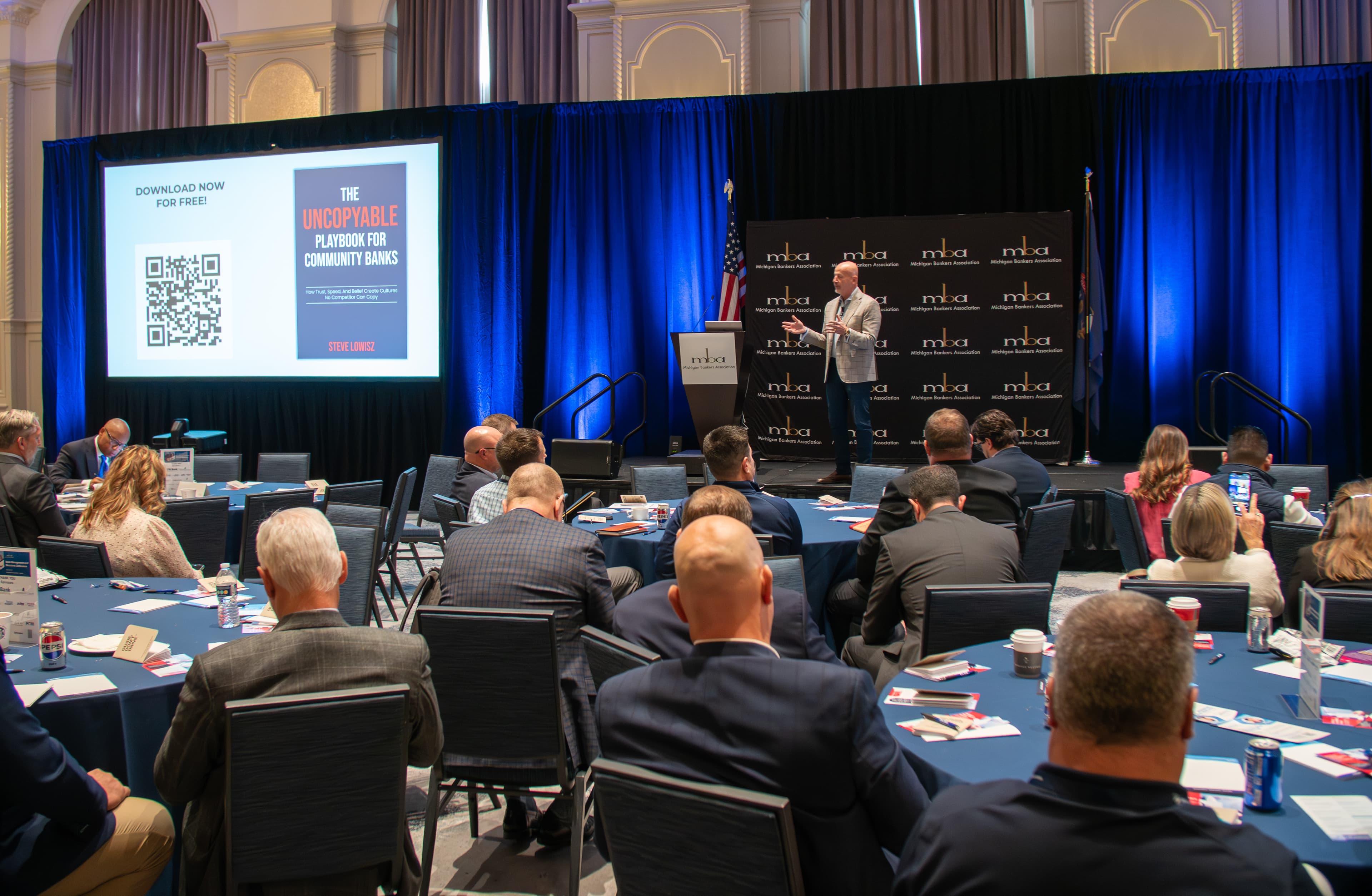 Steve Lowisz delivering a keynote to enterprise leaders at the Michigan Bankers Association