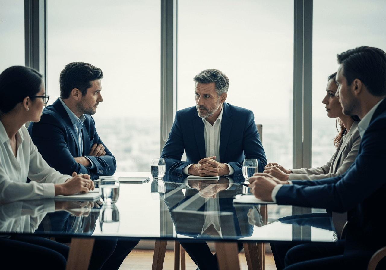 Senior leadership team in a focused boardroom conversation